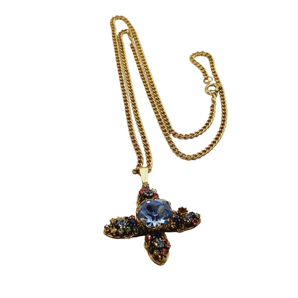 Vintage Jeweled Glass Cross Necklace (A539)